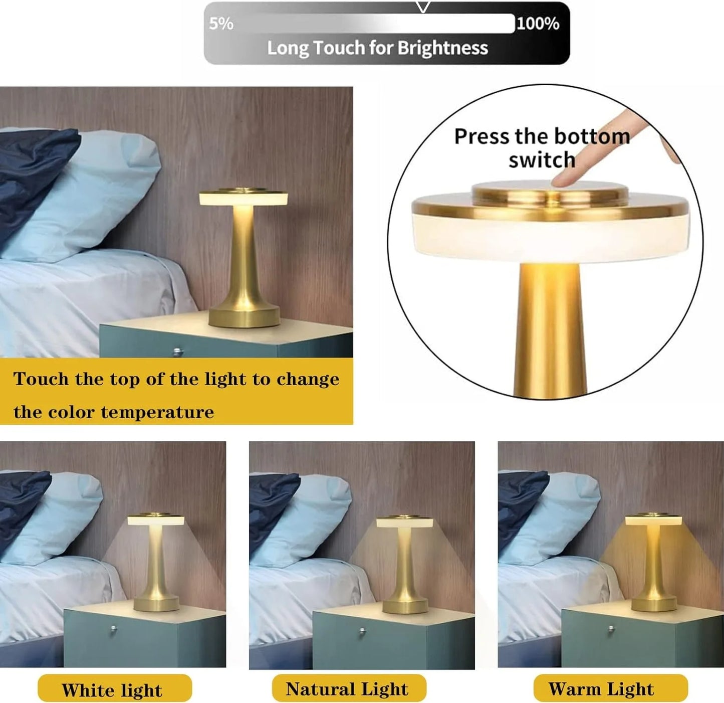 Portable Metal LED Touch Lamp – Dimmable & Rechargeable