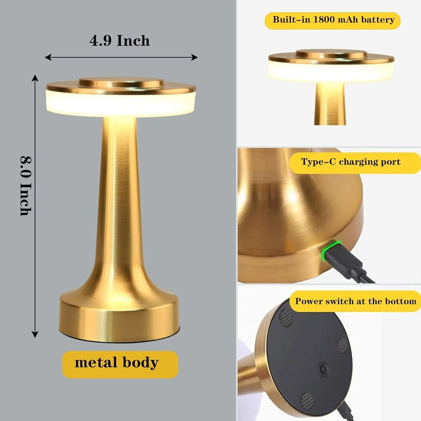 Portable Metal LED Touch Lamp – Dimmable & Rechargeable